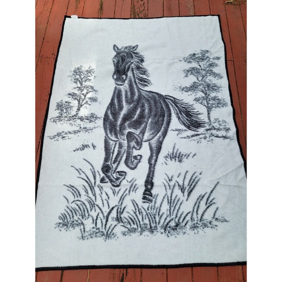 Vintage Biederlack Blanket Bronco Horse Run Reversible 55” x 78” Black Gray Whi - Picture 2 of 6